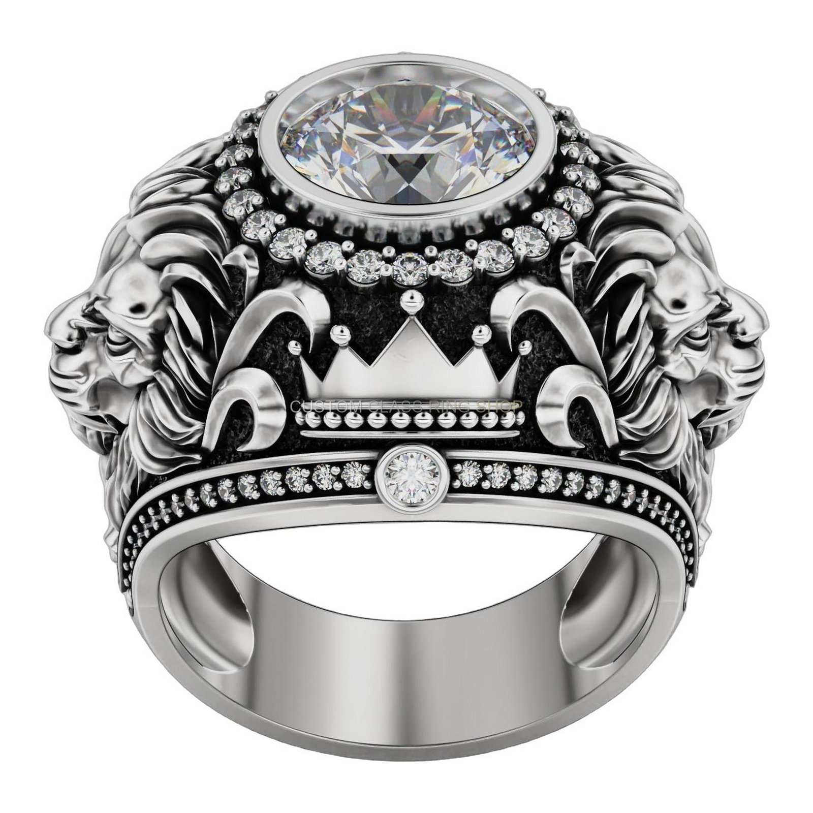 Mens oxidized sterling silver lion statement ring with diamond halo and ornate acanthus shoulders