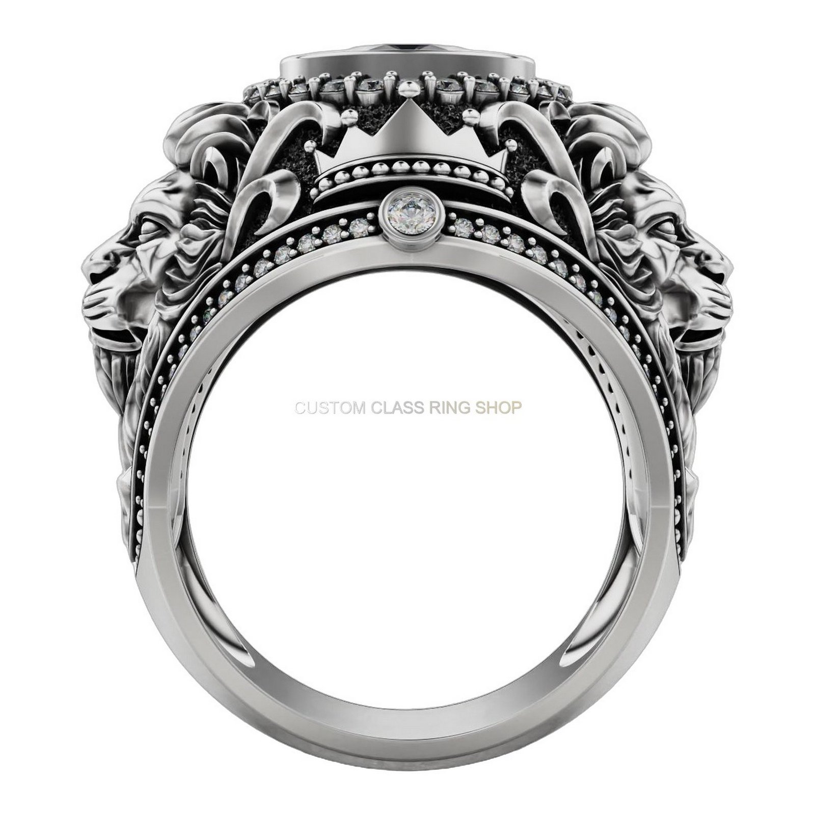 Mens oxidized sterling silver lion statement ring with diamond halo and ornate acanthus shoulders