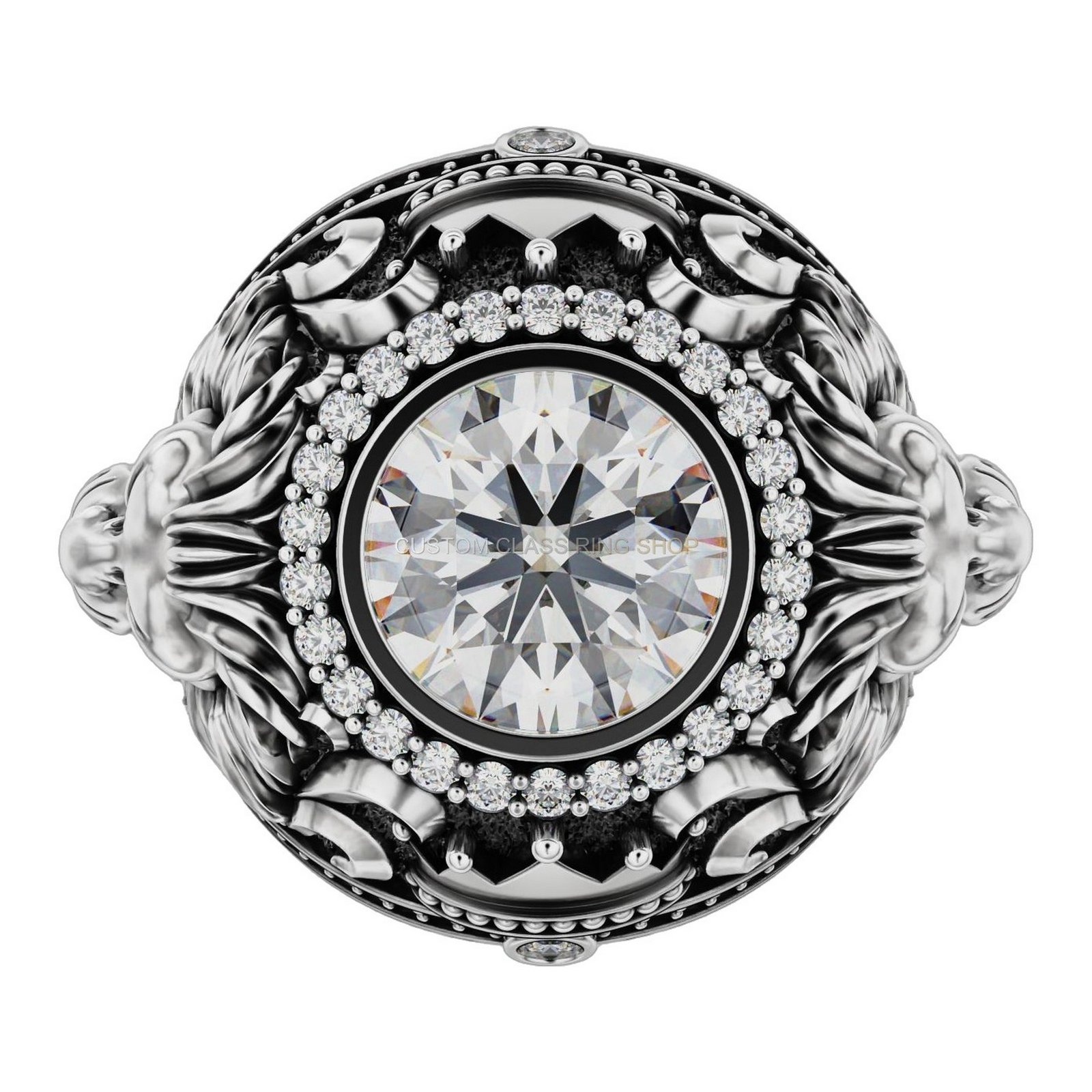 Mens oxidized sterling silver lion statement ring with diamond halo and ornate acanthus shoulders