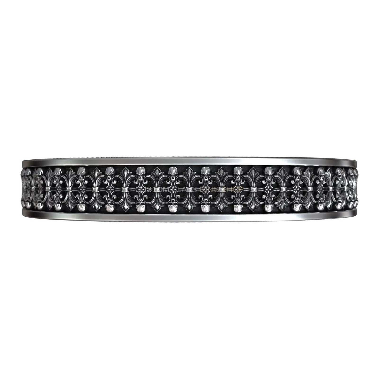 Sterling silver skull baroque cuff bracelet, top band detail with ornamental skulls