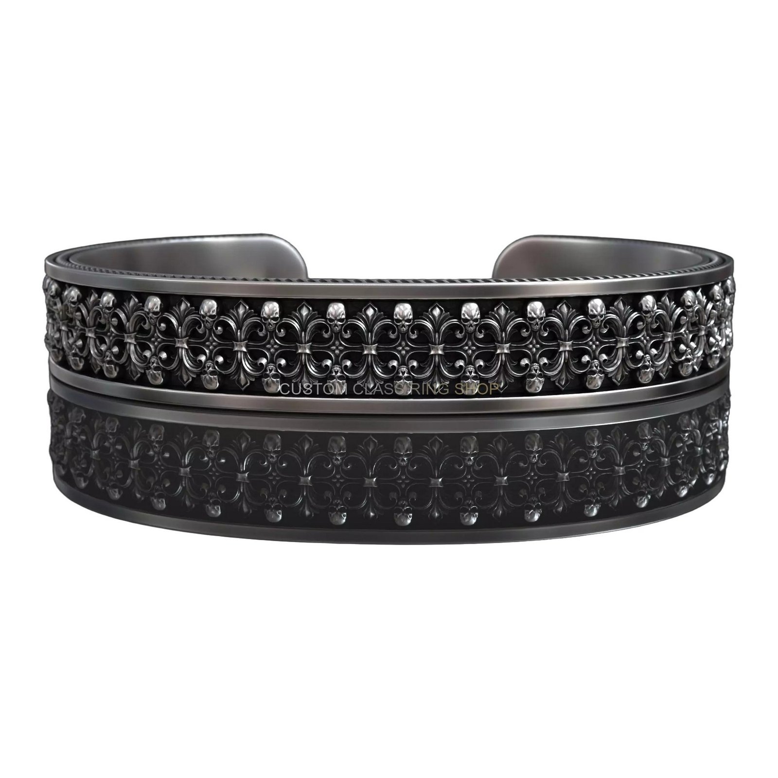 Sterling silver skull baroque cuff bracelet, closed cuff three-quarter view oxidized