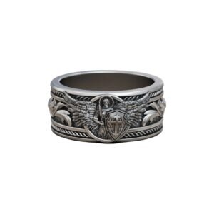 Sterling silver archangel michael baroque band ring front view