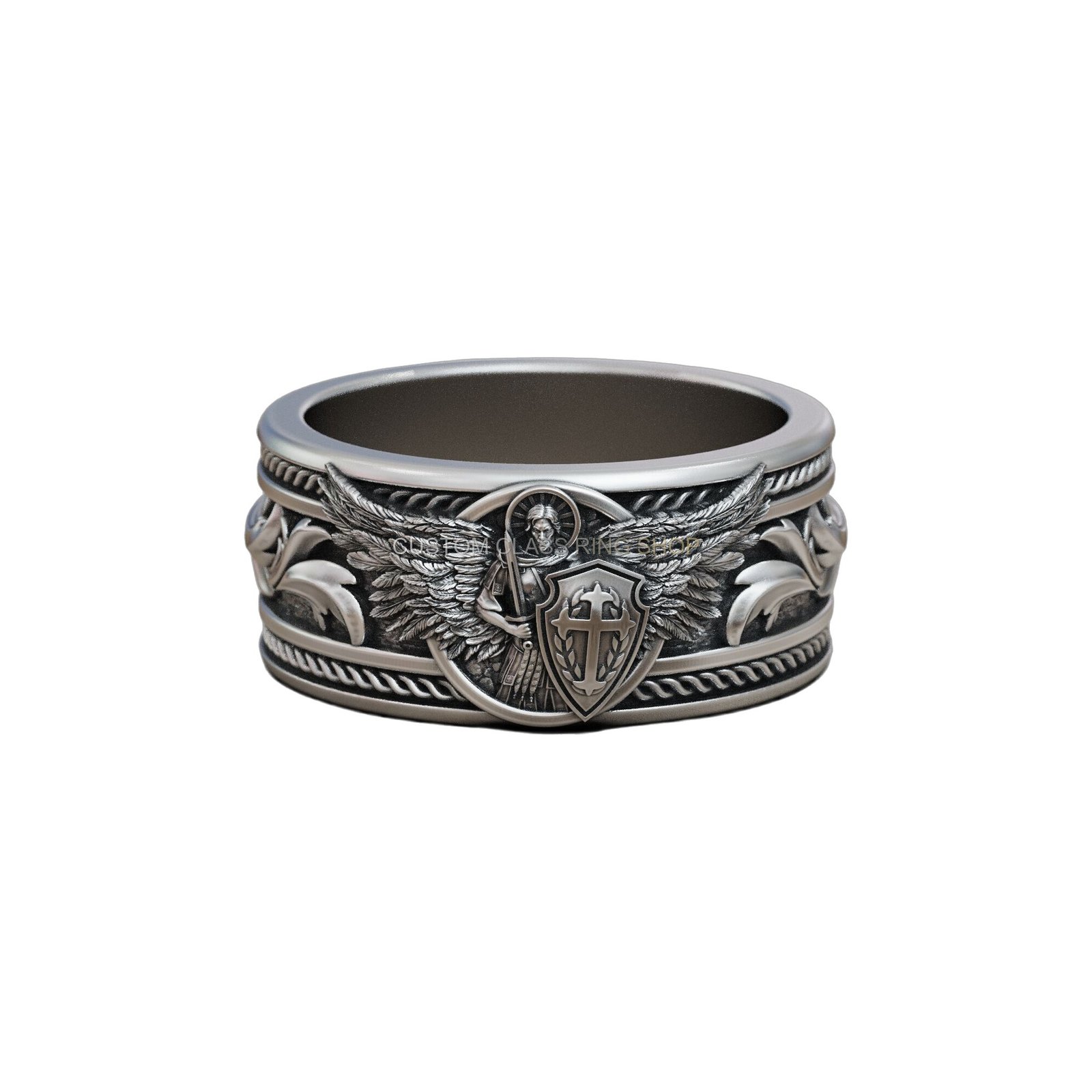 Sterling silver archangel michael baroque band ring front view