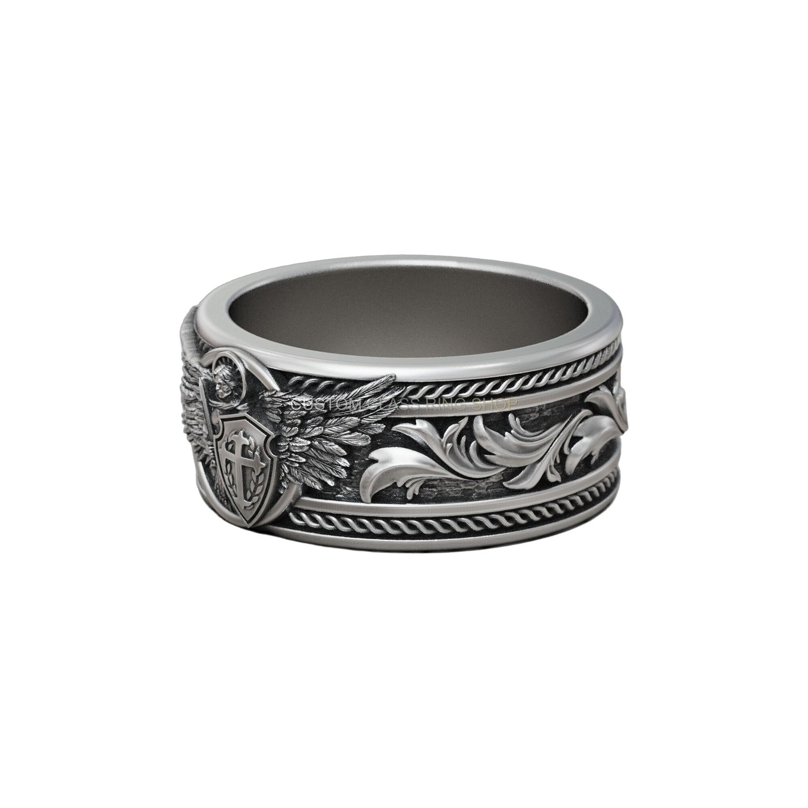Sterling silver archangel michael baroque ring, left side profile view
