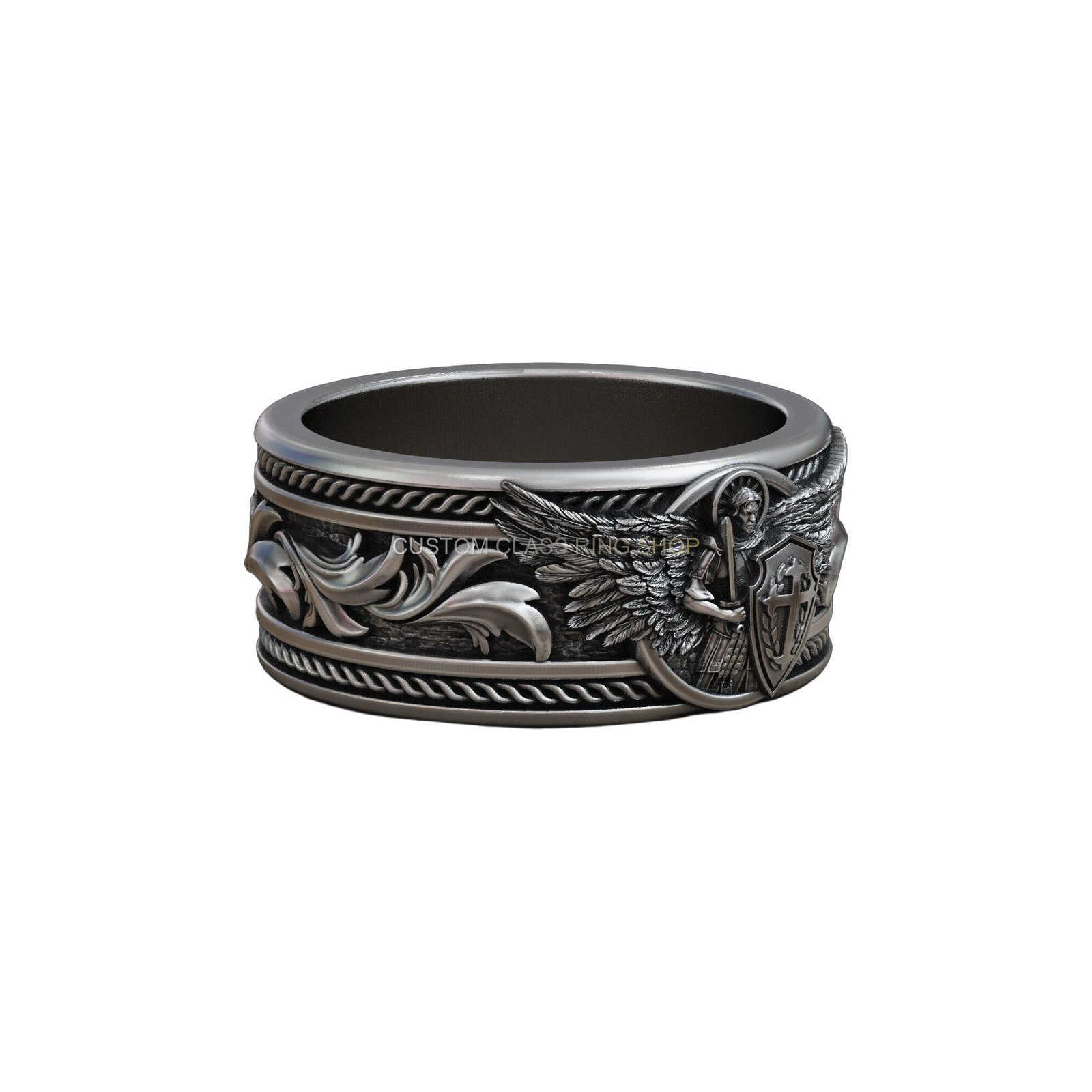 Sterling silver archangel michael baroque ring, right side profile view