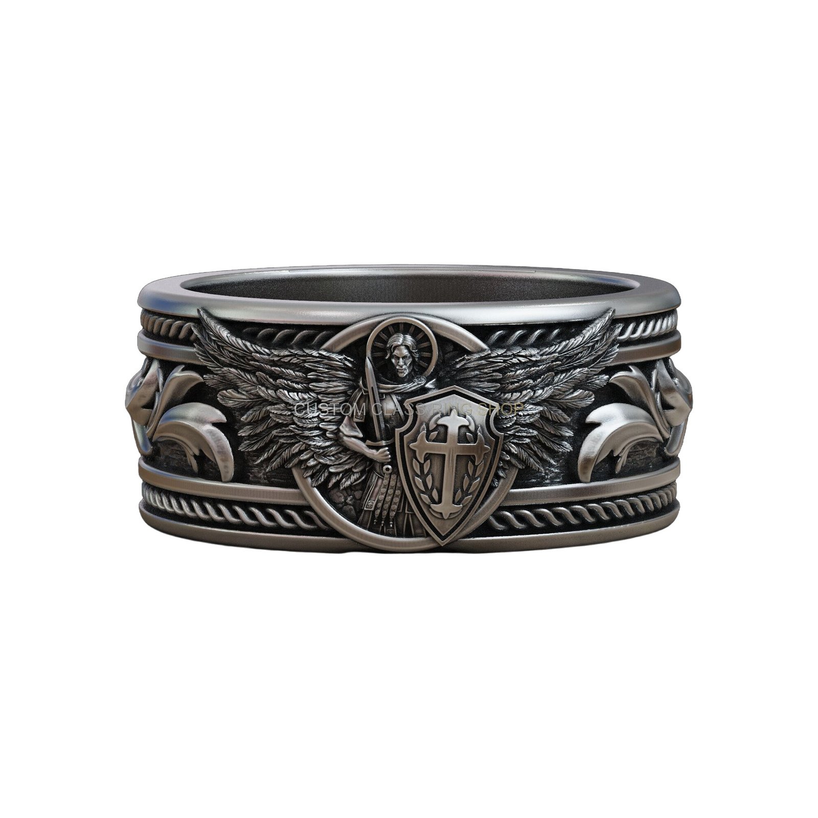 Sterling silver archangel michael baroque ring, band shoulders and ornament detail