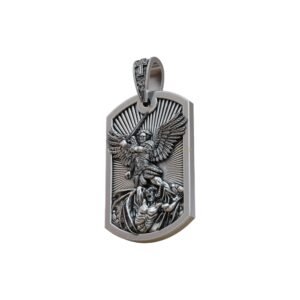 Sterling silver saint michael dogtag pendant with archangel and demon relief