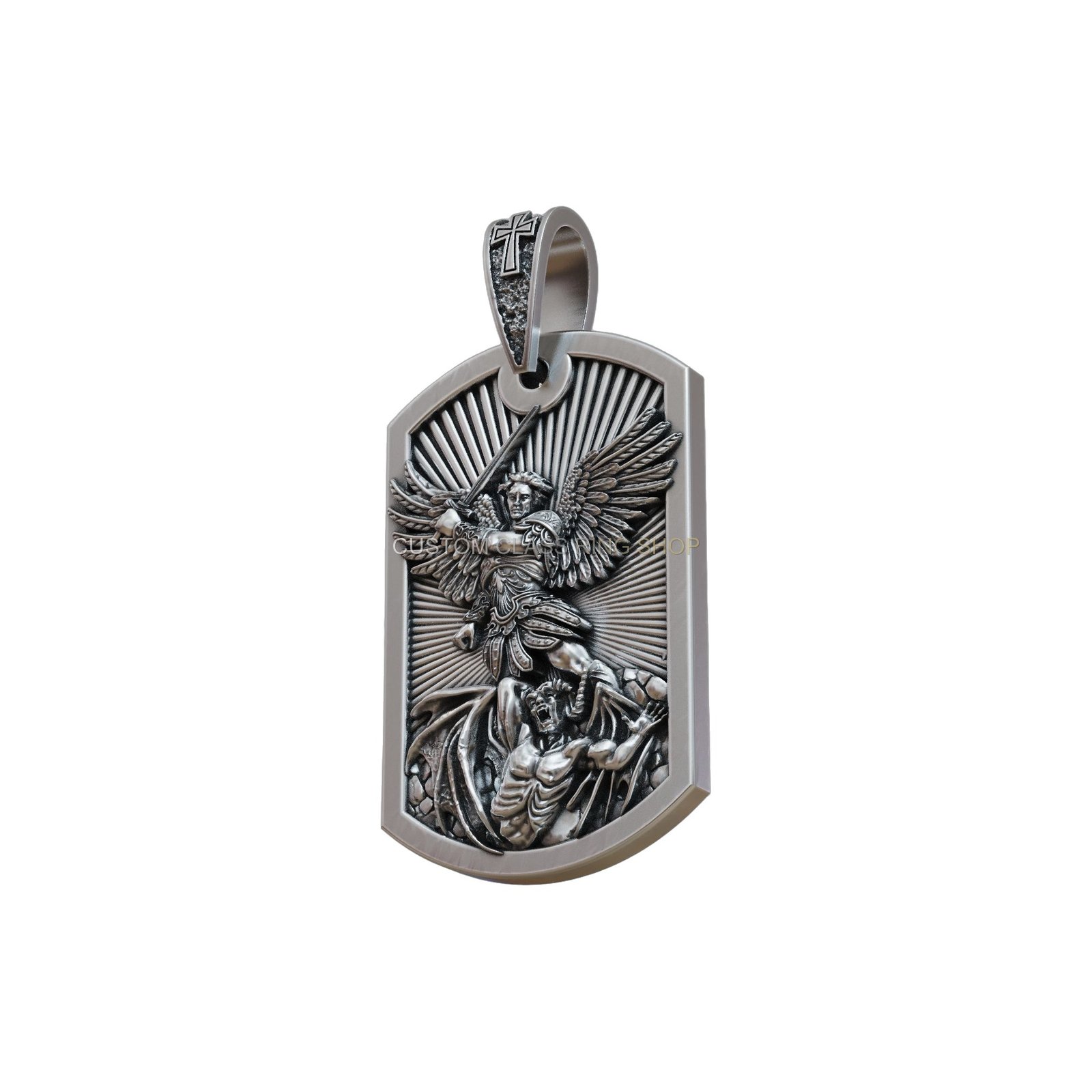 Sterling silver saint michael dogtag pendant with archangel and demon relief