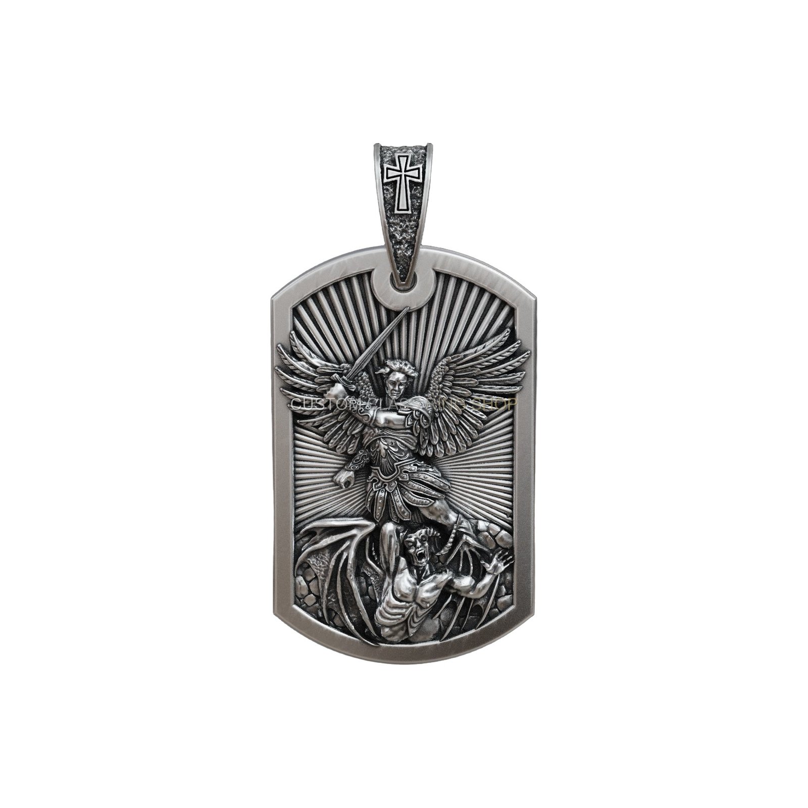 Sterling silver saint michael dogtag pendant, saint michael protect us inscription pendant