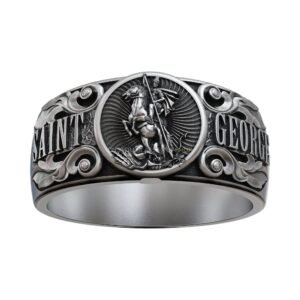 Sterling silver saint george band ring with baroque scrolls