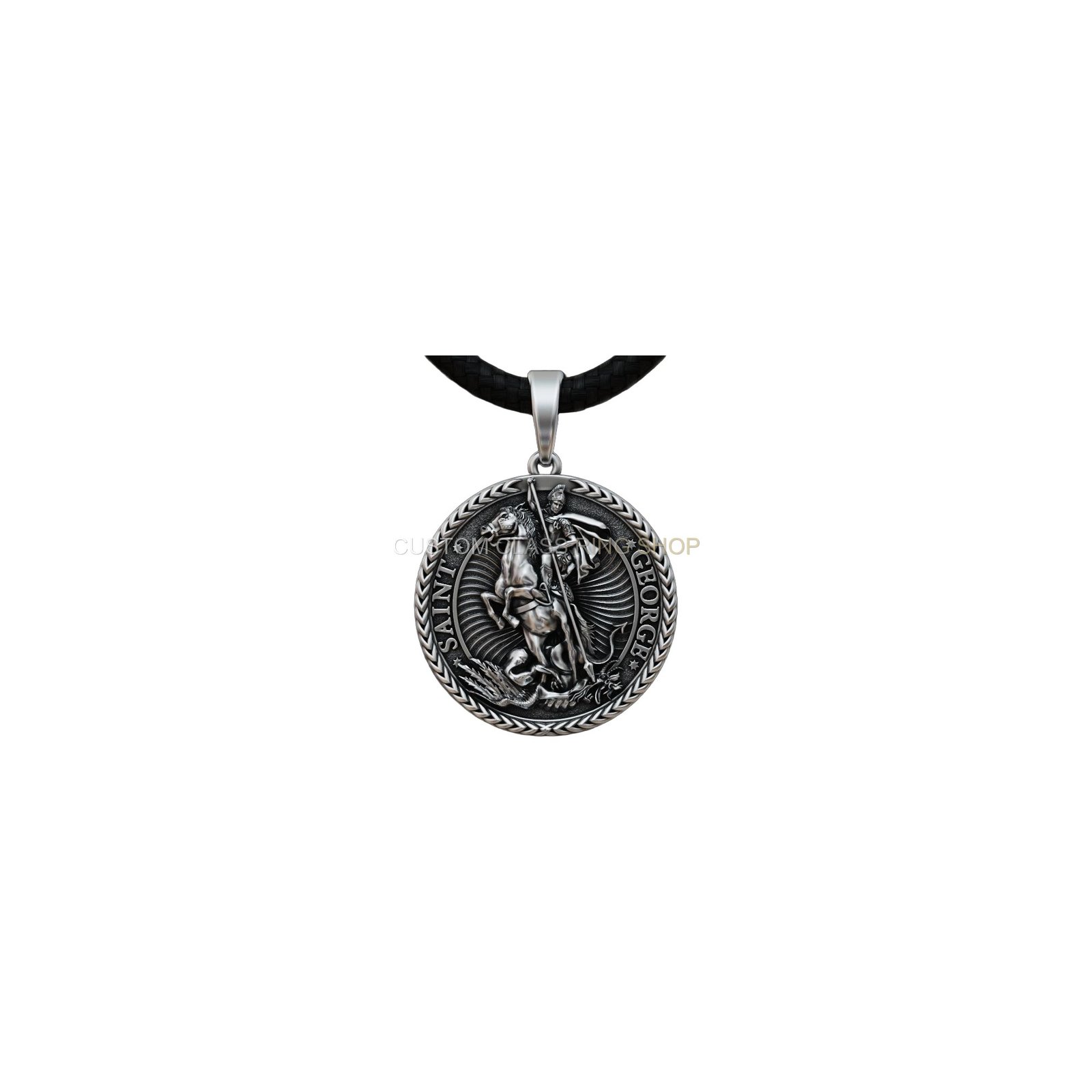 Sterling silver saint george slaying dragon pendant, angled three-quarter view with cord