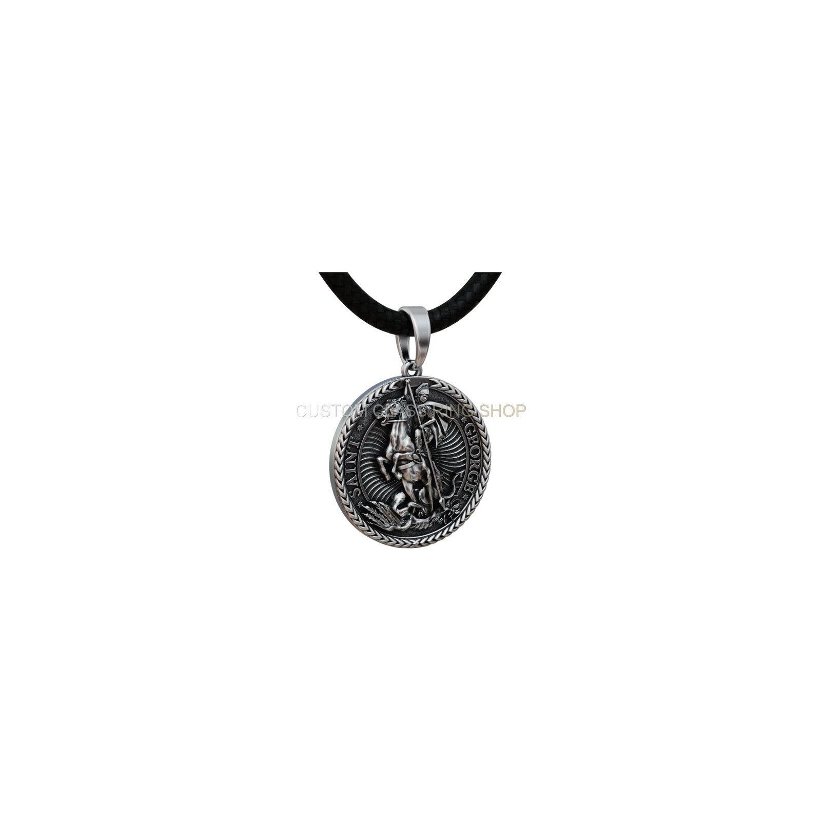 Sterling silver saint george slaying dragon pendant, front pendant with black cord