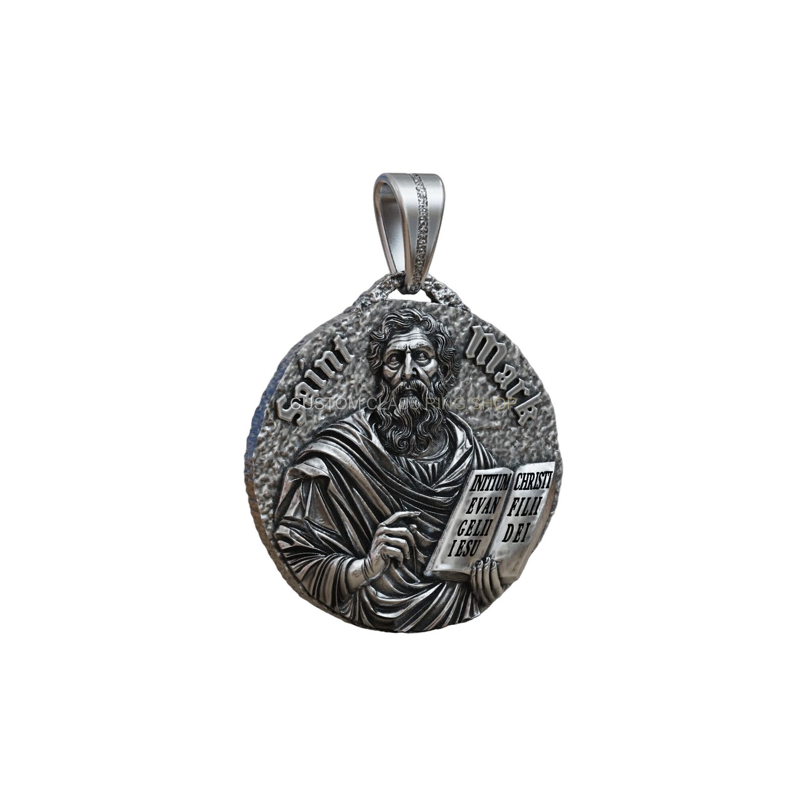 Sterling silver saint mark evangelist pendant, angled three-quarter front view