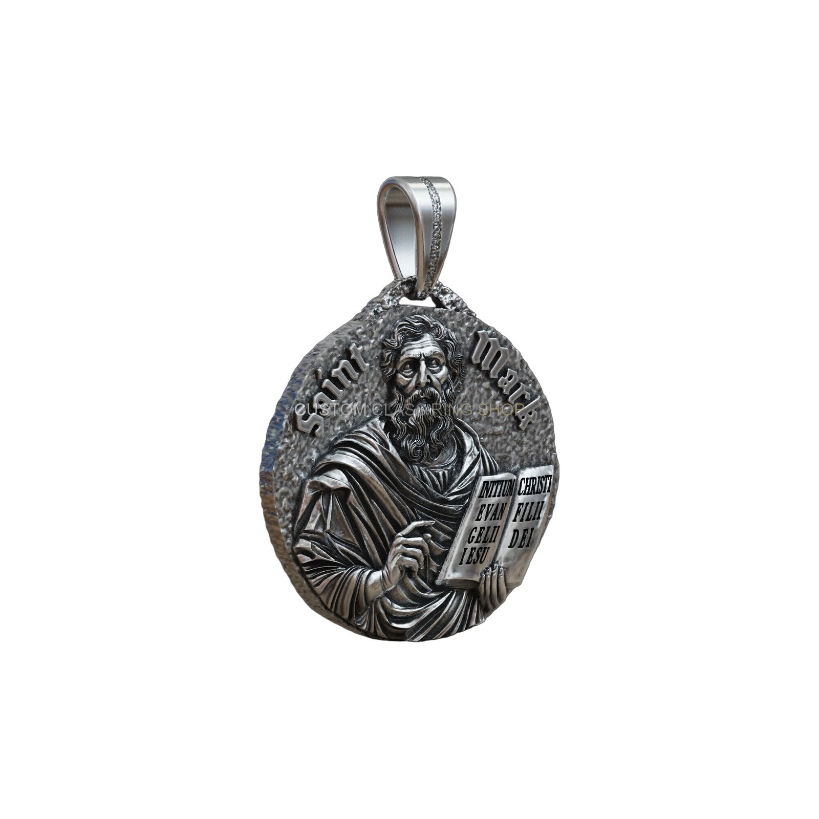 Sterling silver saint mark evangelist pendant, left side profile angle