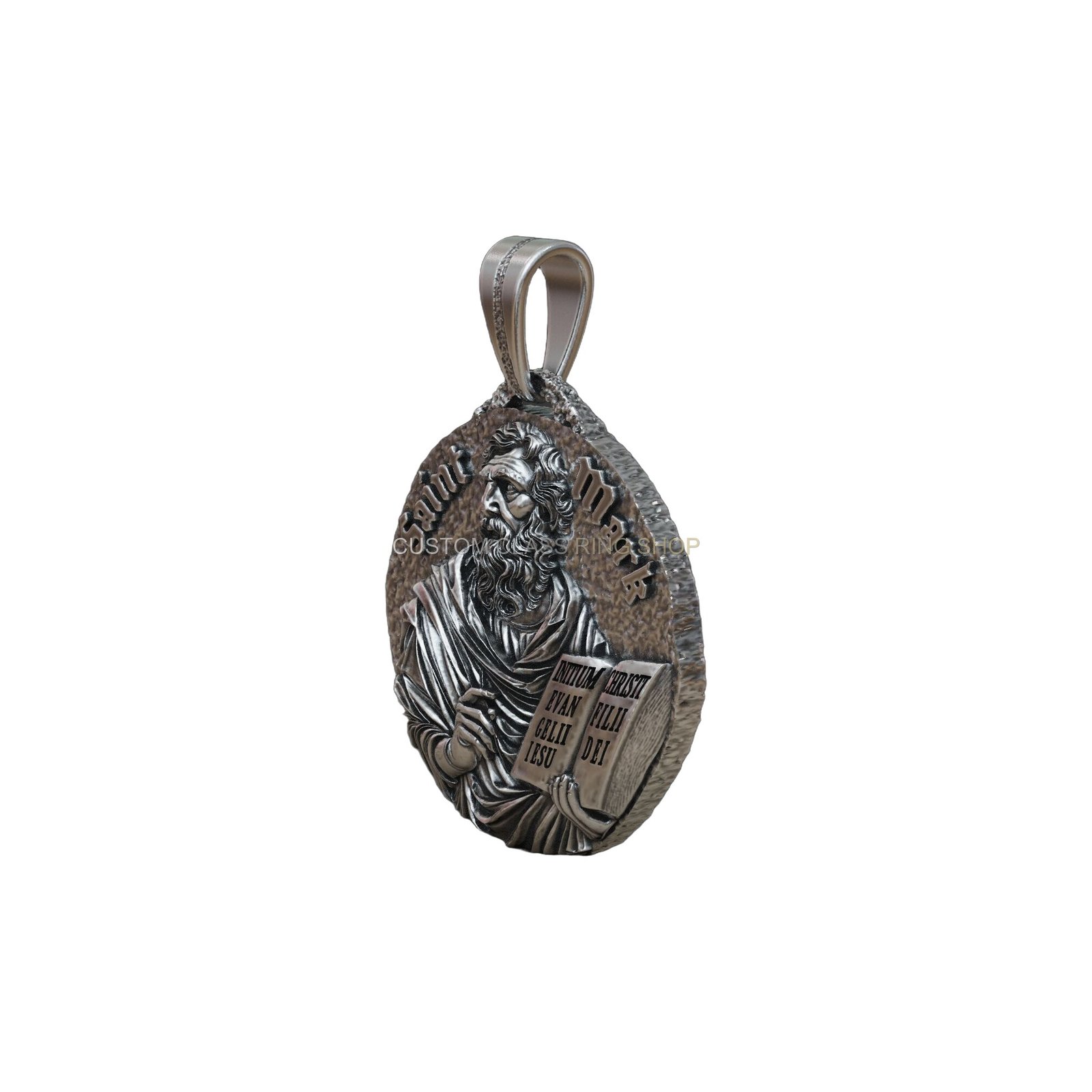Sterling silver saint mark evangelist pendant, front facing with clear relief