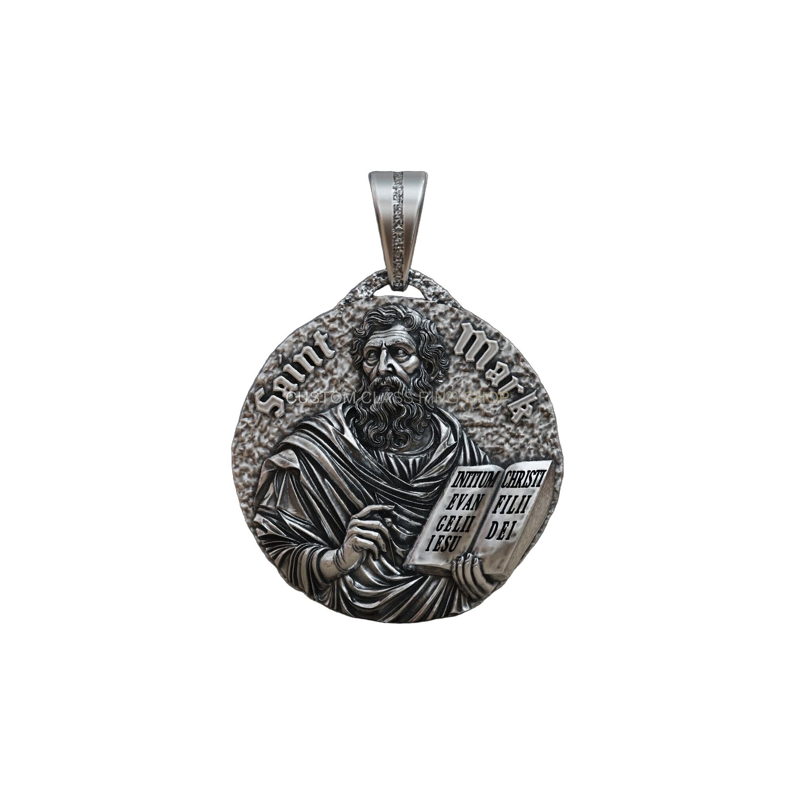 Sterling silver saint mark evangelist pendant, angled perspective showcase