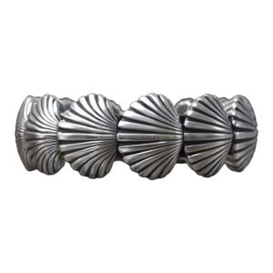 Scallop shell sterling silver statement ring with oxidized antique finish and radiating motif
