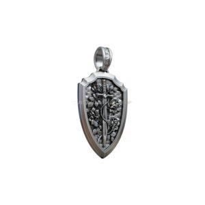 Sterling silver shield sword flowers pendant with scalloped frame