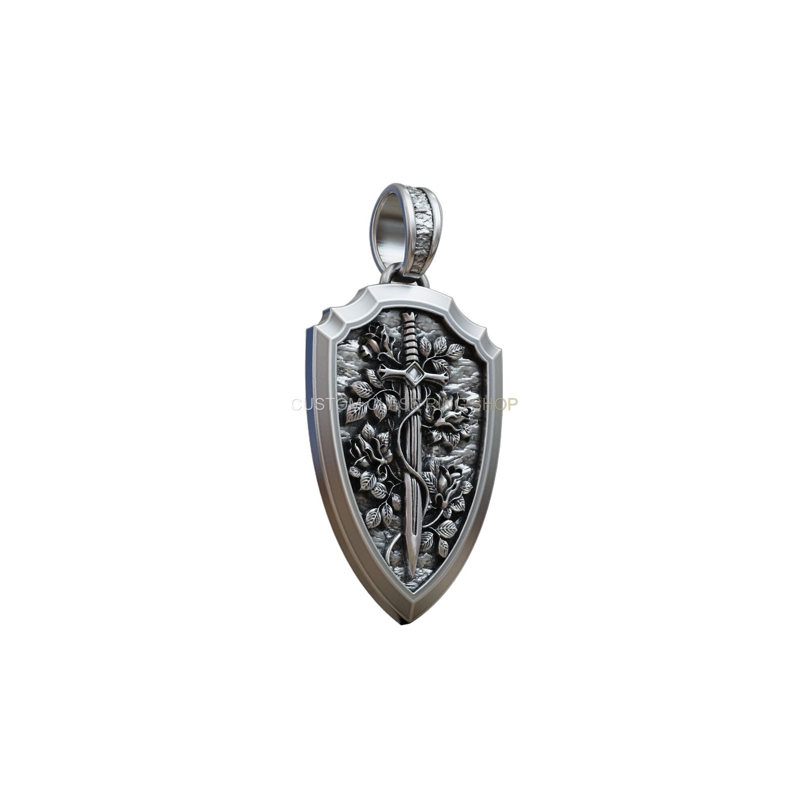 Sterling silver shield sword flowers pendant with scalloped frame