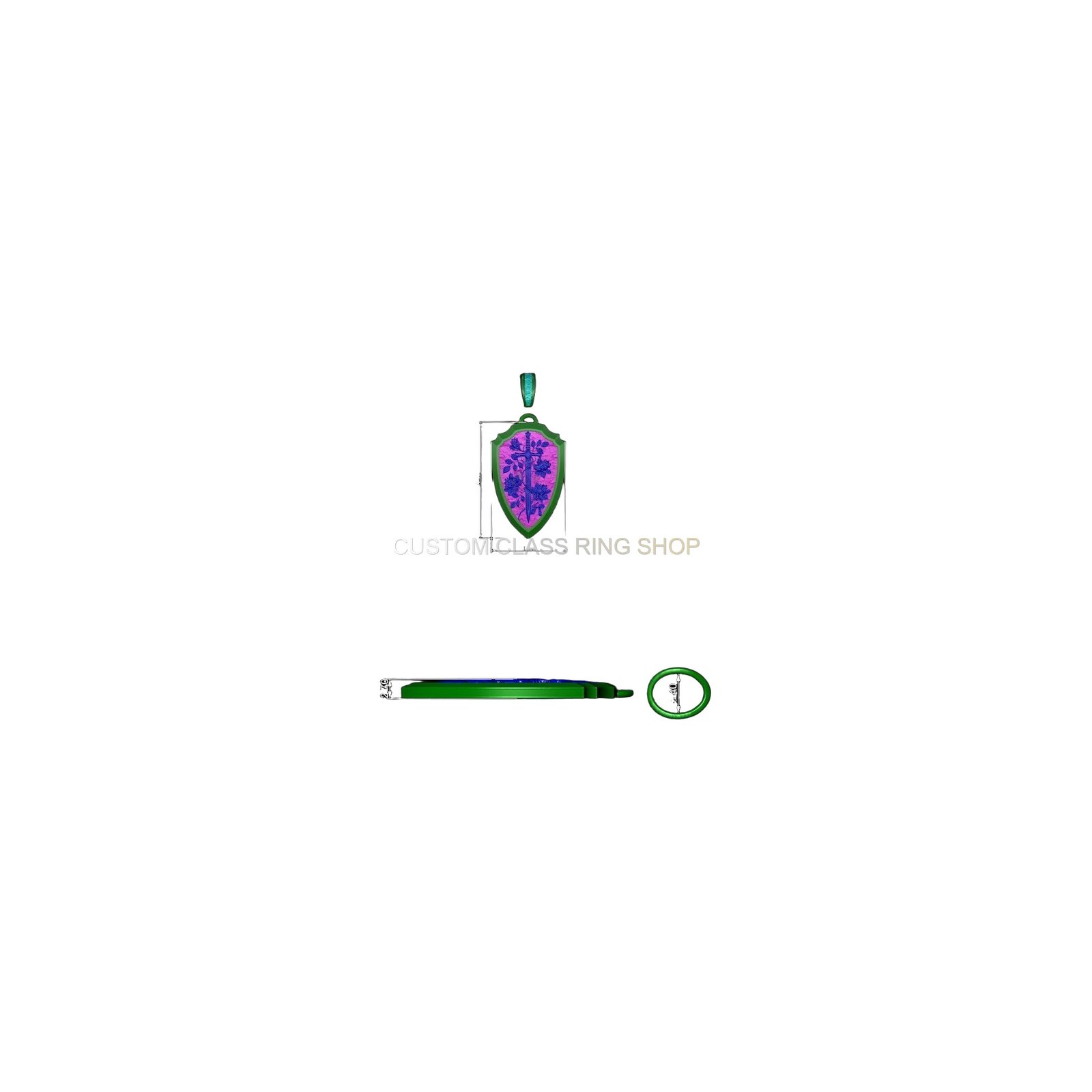 Sterling silver shield sword flowers pendant, detailed pendant with matching chain