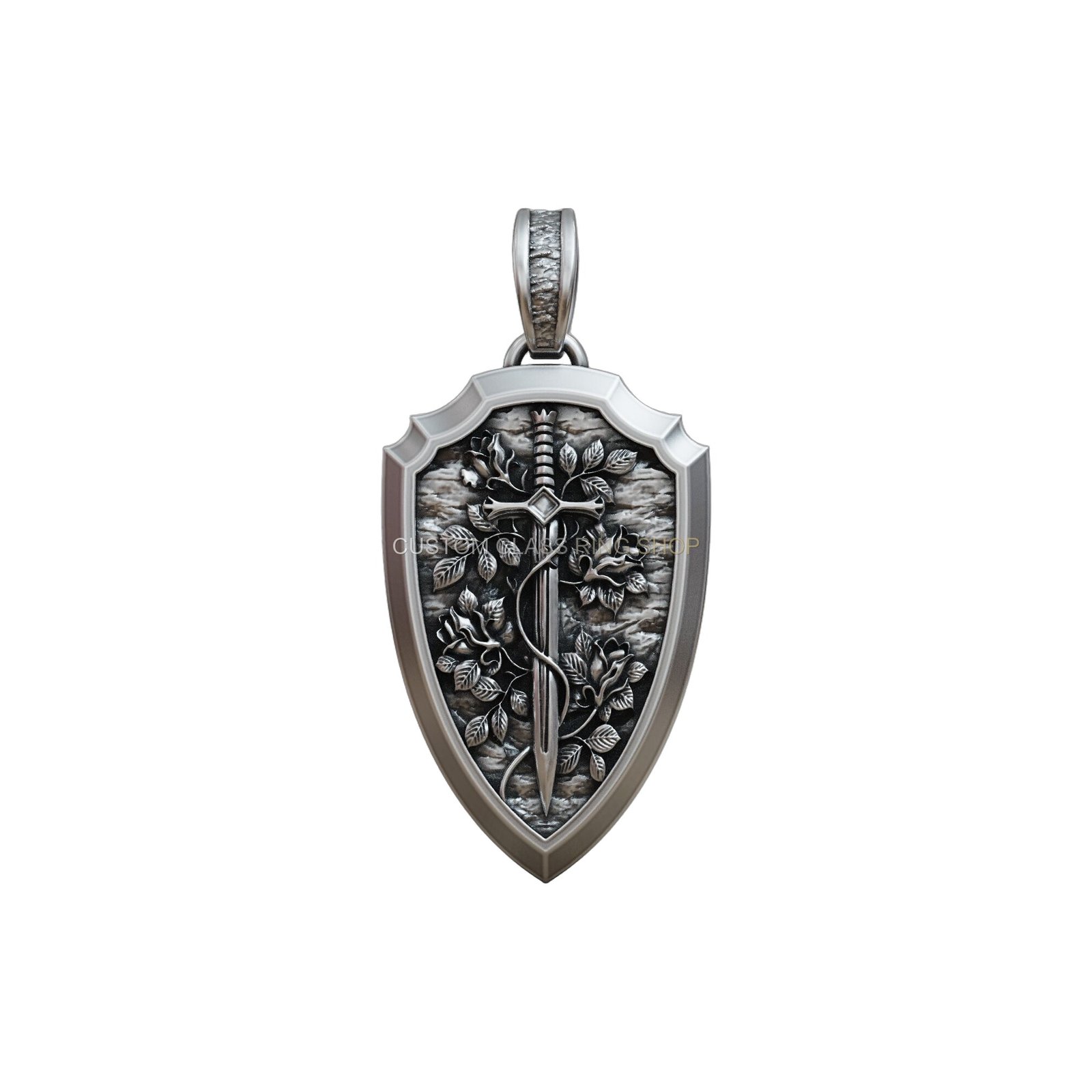 Sterling silver shield sword flowers pendant, angled three-quarter pendant display
