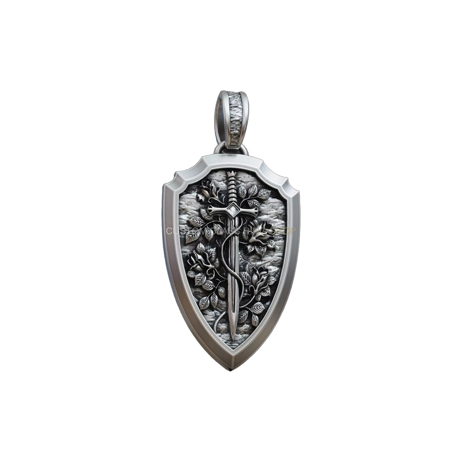 Sterling silver shield sword flowers pendant, oxidized sterling silver pendant close-up