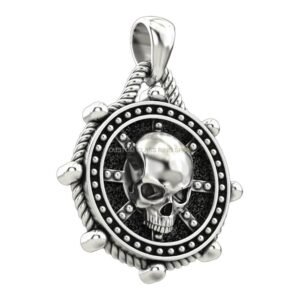 Unisex oxidized sterling silver skull pendant with beaded frame and rope border