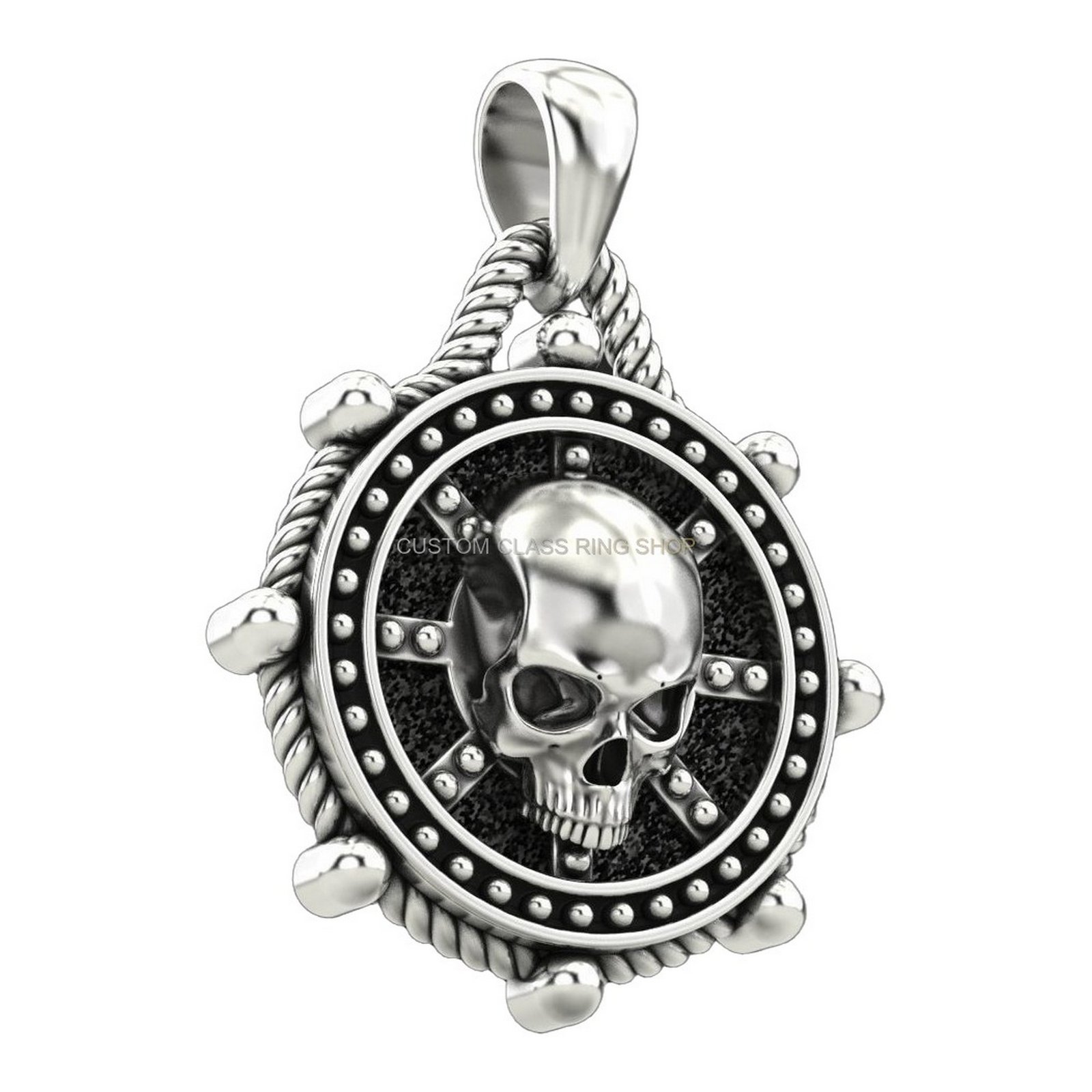 Unisex oxidized sterling silver skull pendant with beaded frame and rope border