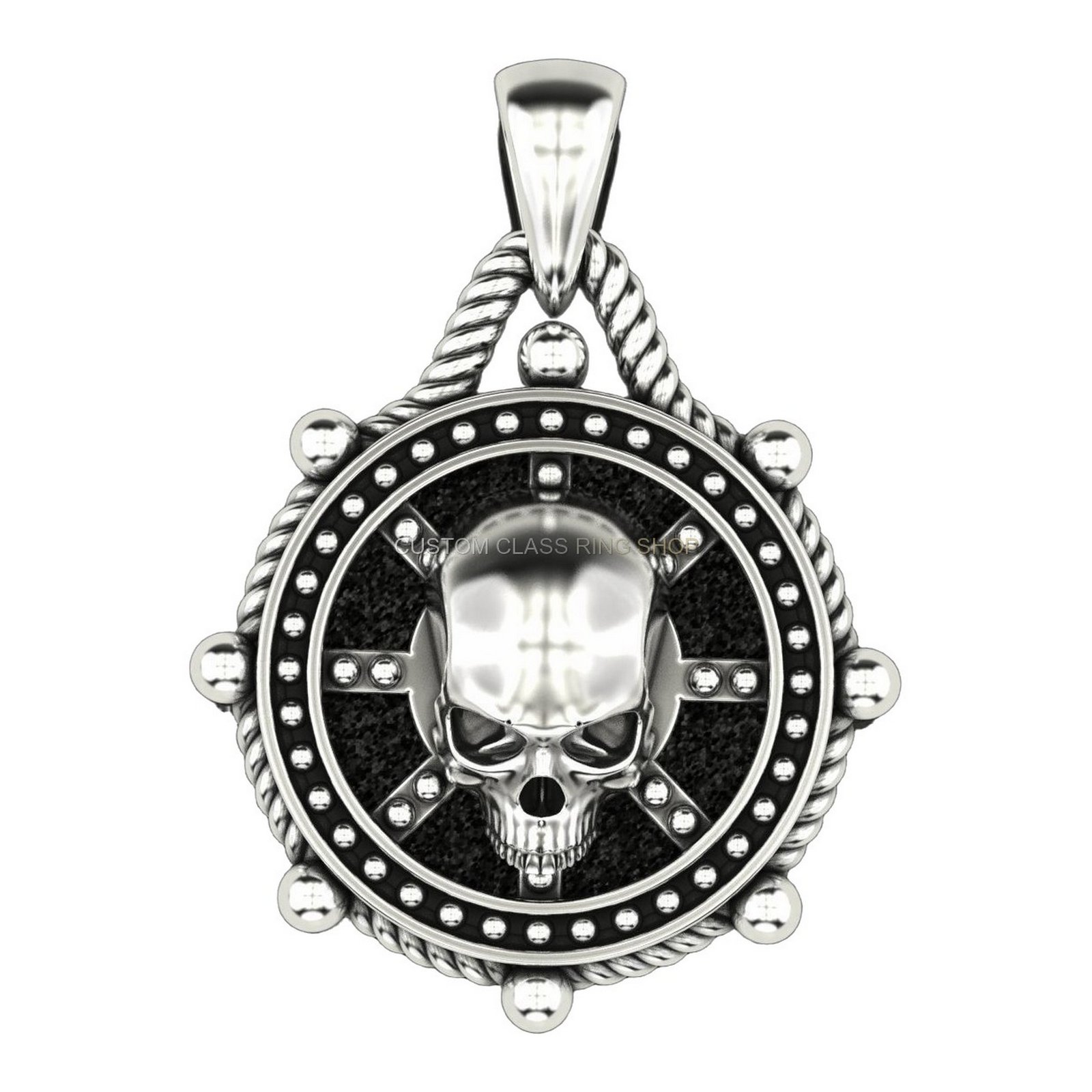 Unisex oxidized sterling silver skull pendant with beaded frame and rope border
