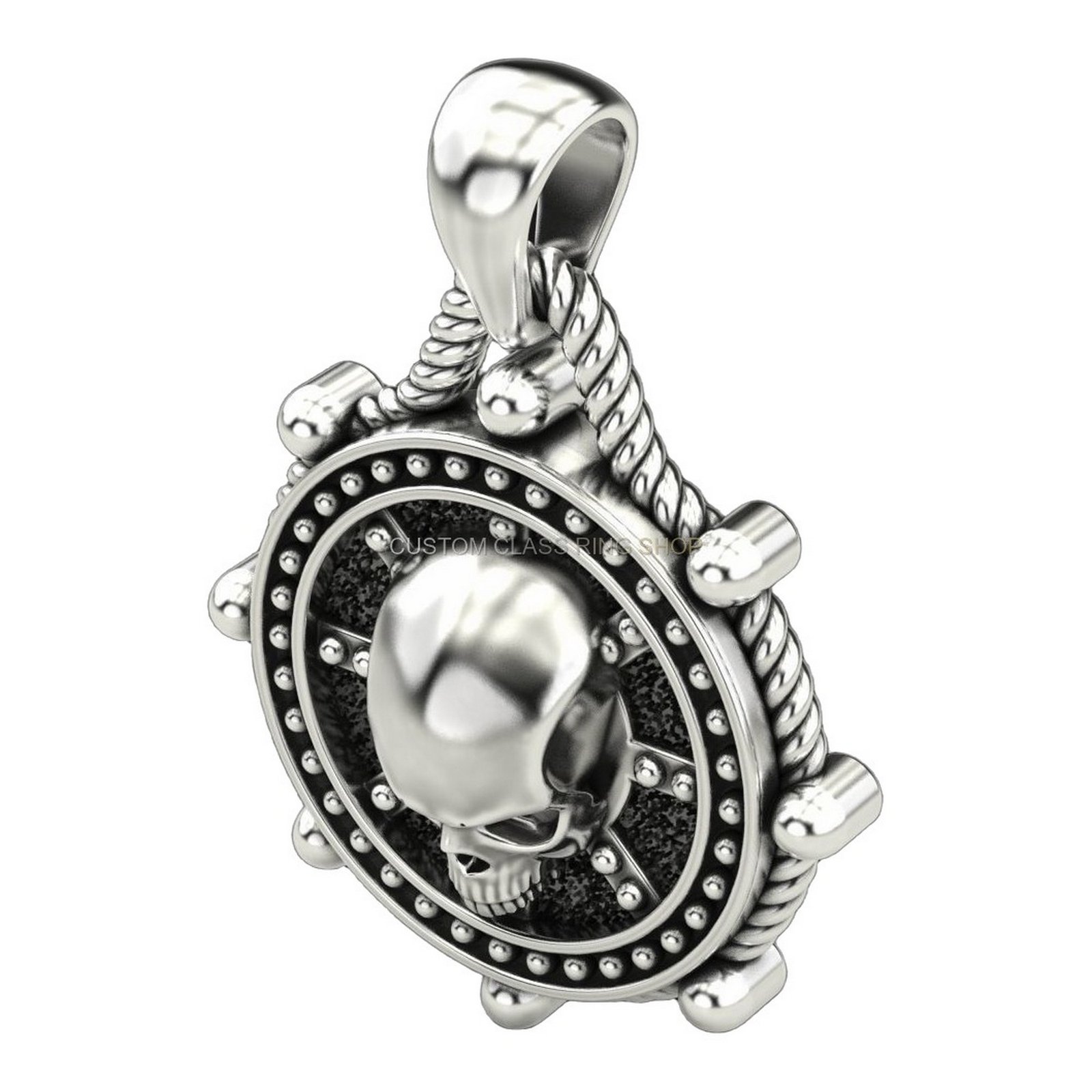 Unisex oxidized sterling silver skull pendant with beaded frame and rope border
