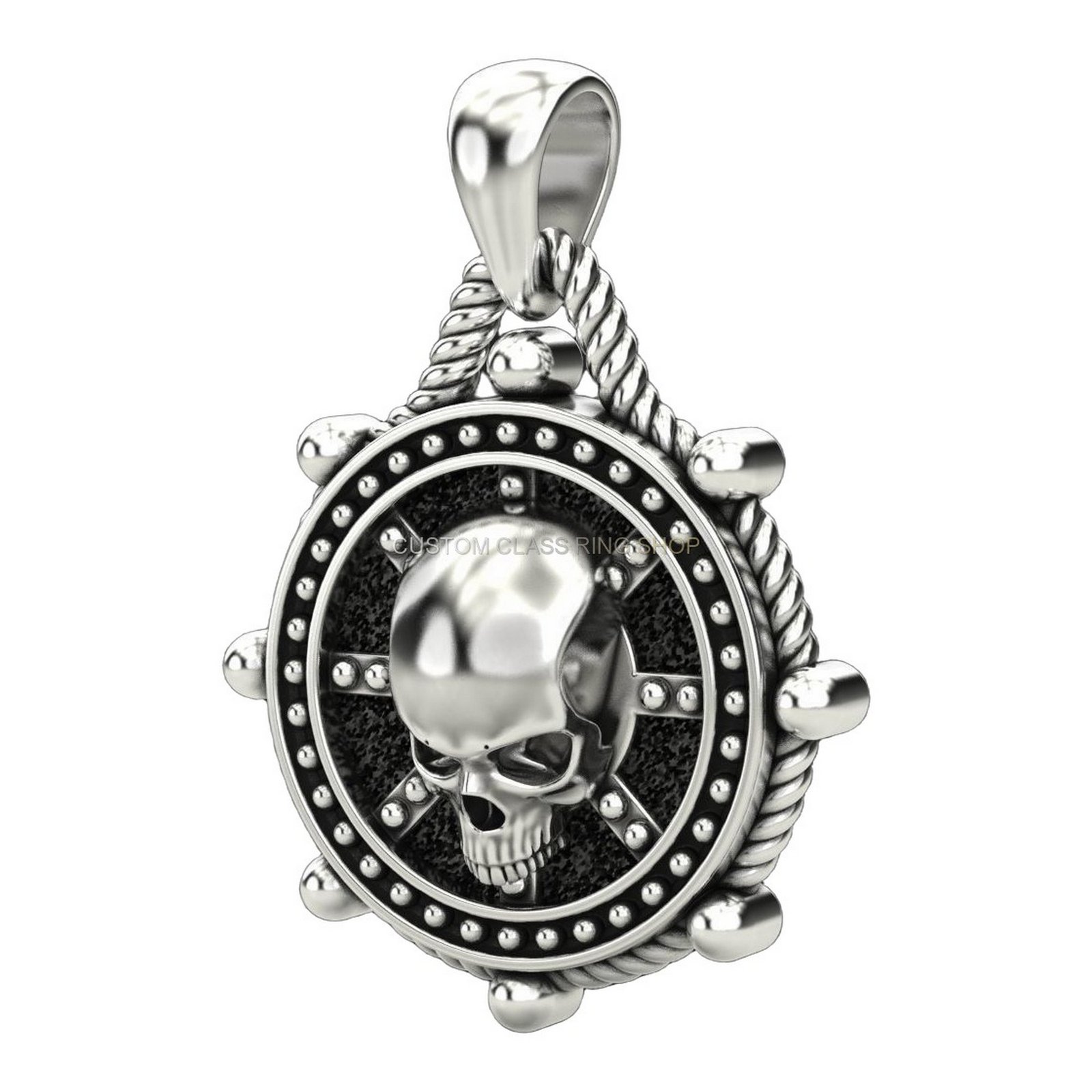 Unisex oxidized sterling silver skull pendant with beaded frame and rope border
