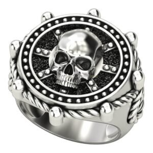 Mens oxidized sterling silver skull statement ring with beaded frame