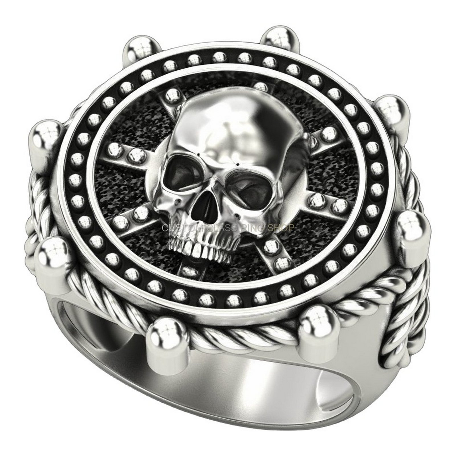 Mens oxidized sterling silver skull statement ring with beaded frame