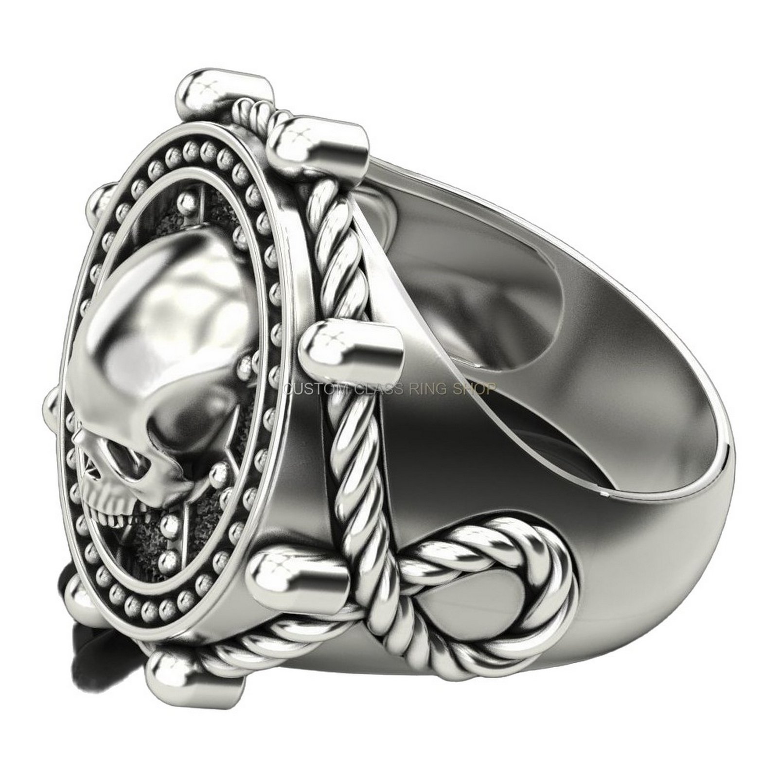 Mens oxidized sterling silver skull statement ring with beaded frame