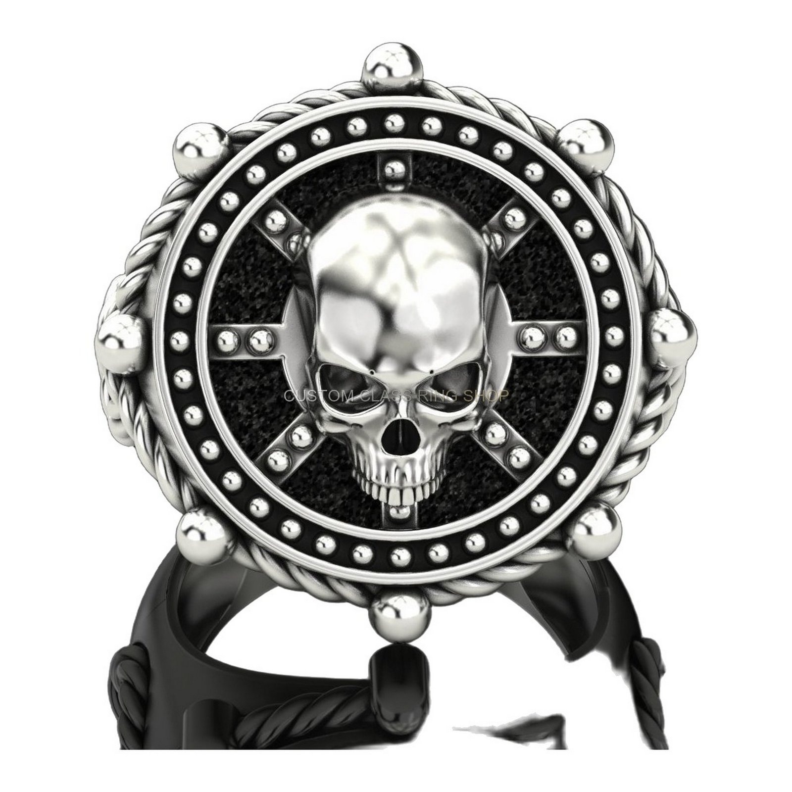 Mens oxidized sterling silver skull statement ring with beaded frame
