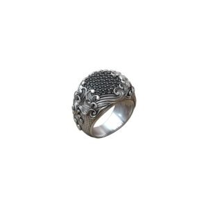 Sterling silver signet ring wavy pave pattern with ornate scroll border