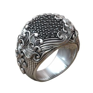 Sterling silver signet ring wavy pave pattern with ornate scroll border