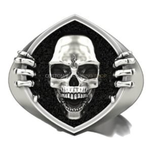 Mens sterling silver skeleton hand skull ring front view