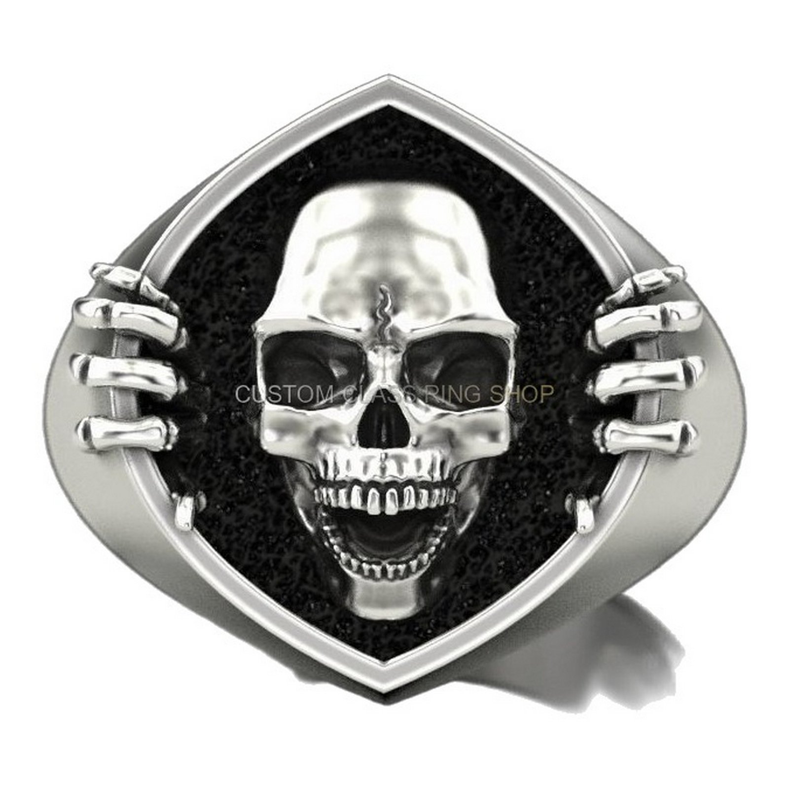 Mens sterling silver skeleton hand skull ring front view