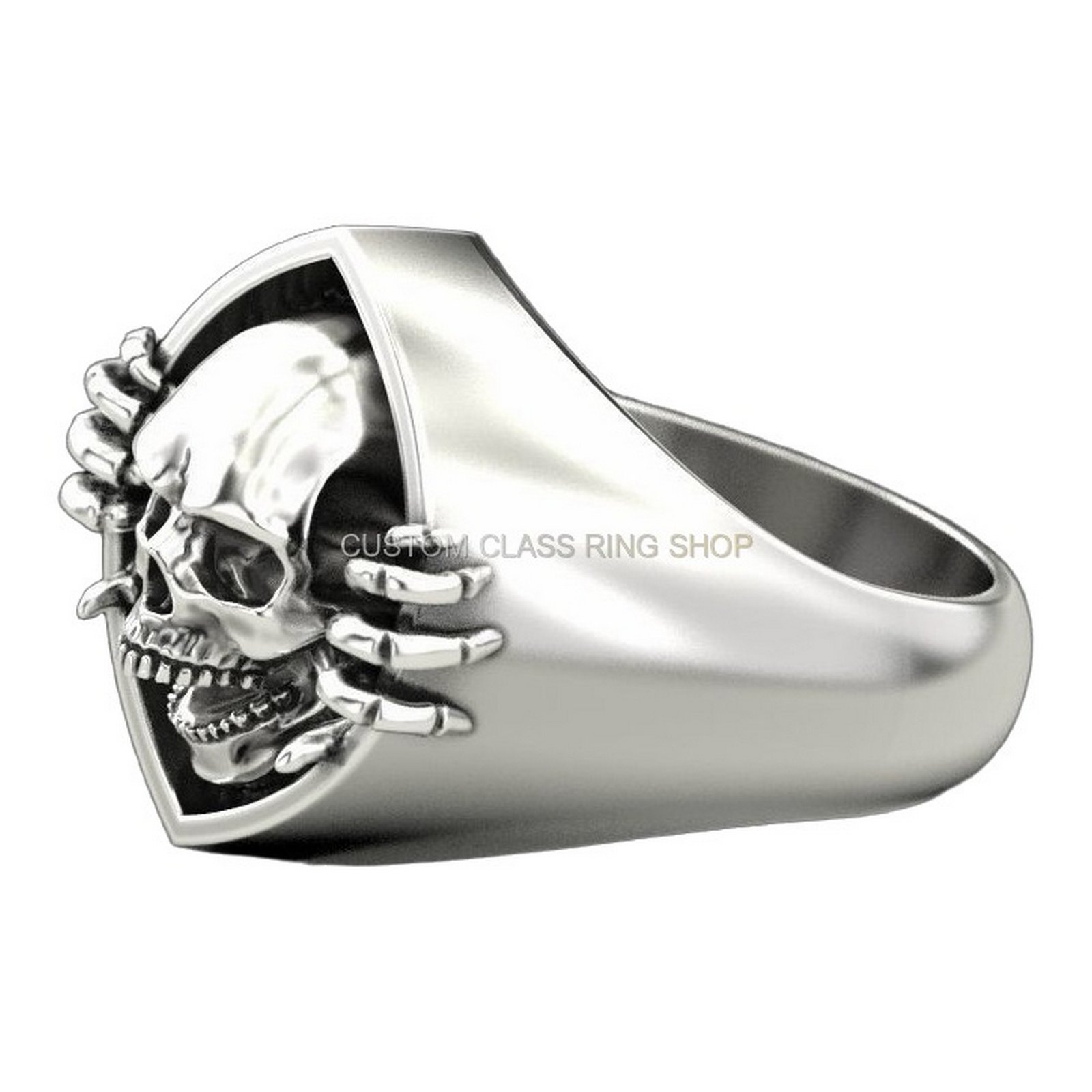 Mens sterling silver skeleton hand skull ring, left side profile