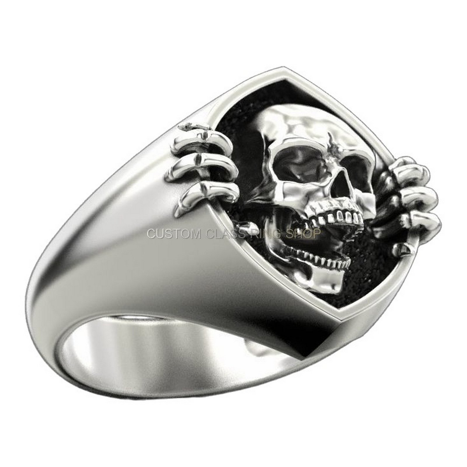 Mens sterling silver skeleton hand skull ring, three-quarter angled view