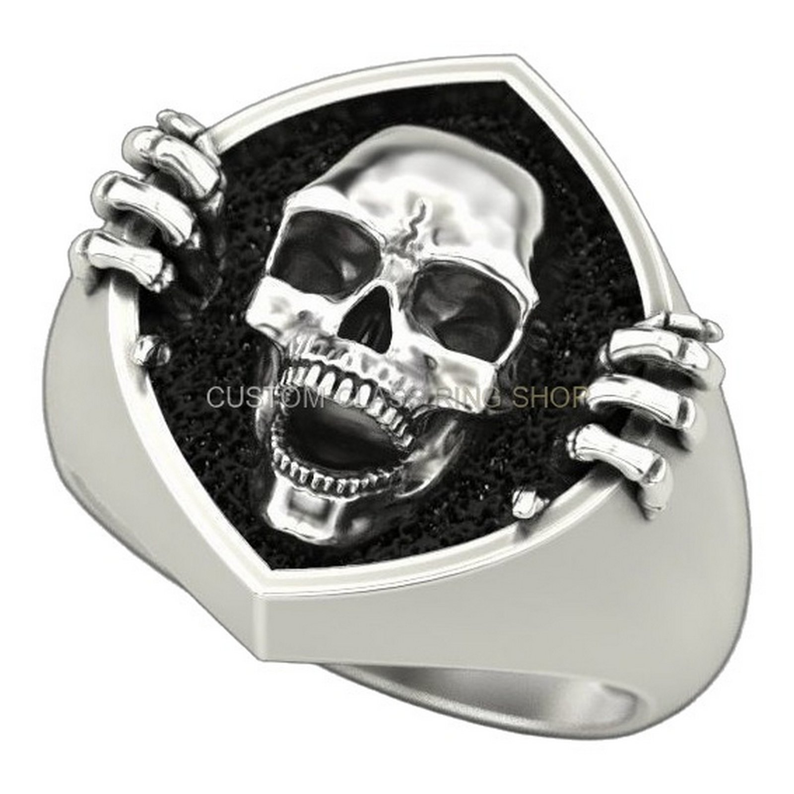 Mens sterling silver skeleton hand skull ring, side band detail with skeleton hands