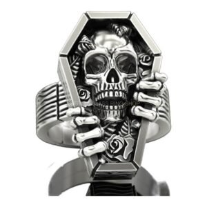 Sterling silver skull coffin statement ring with roses, oxidized 925 silver