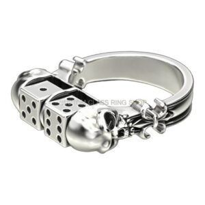 Mens sterling silver dice skull ring with dual skull heads and dice cubes
