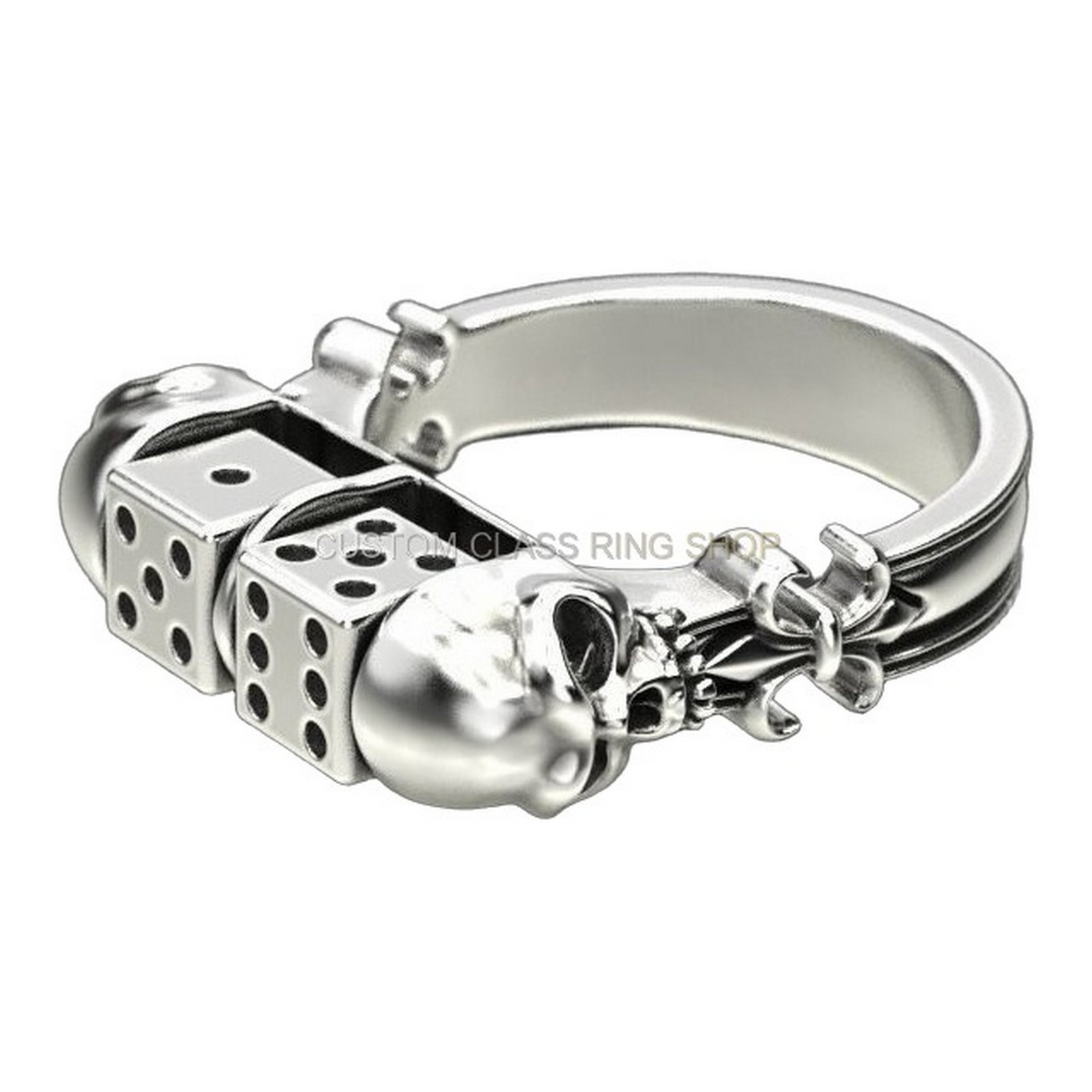 Mens sterling silver dice skull ring with dual skull heads and dice cubes