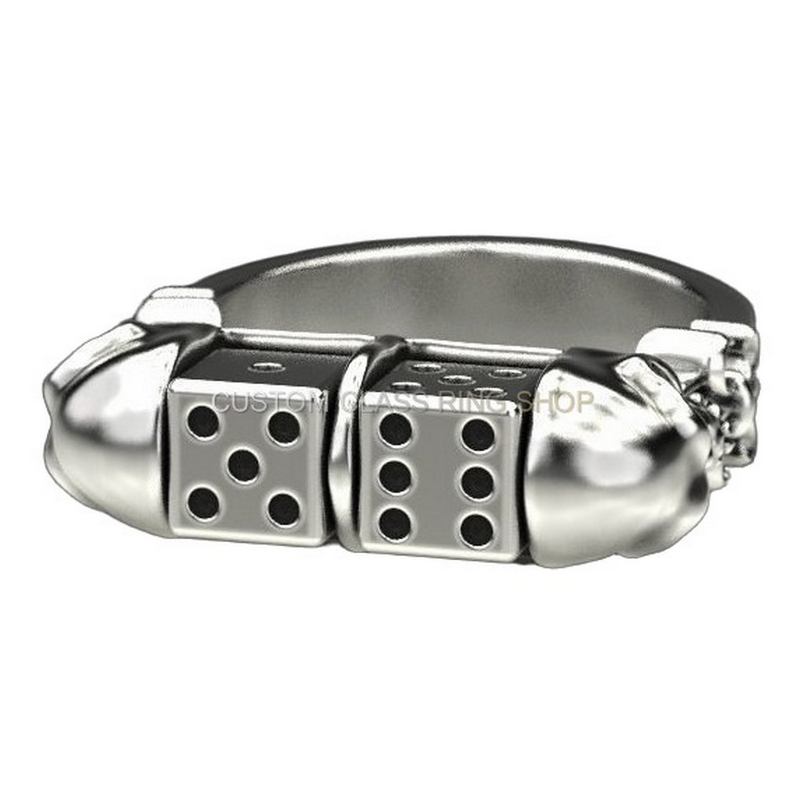 Mens sterling silver dice skull ring, top-down view flat