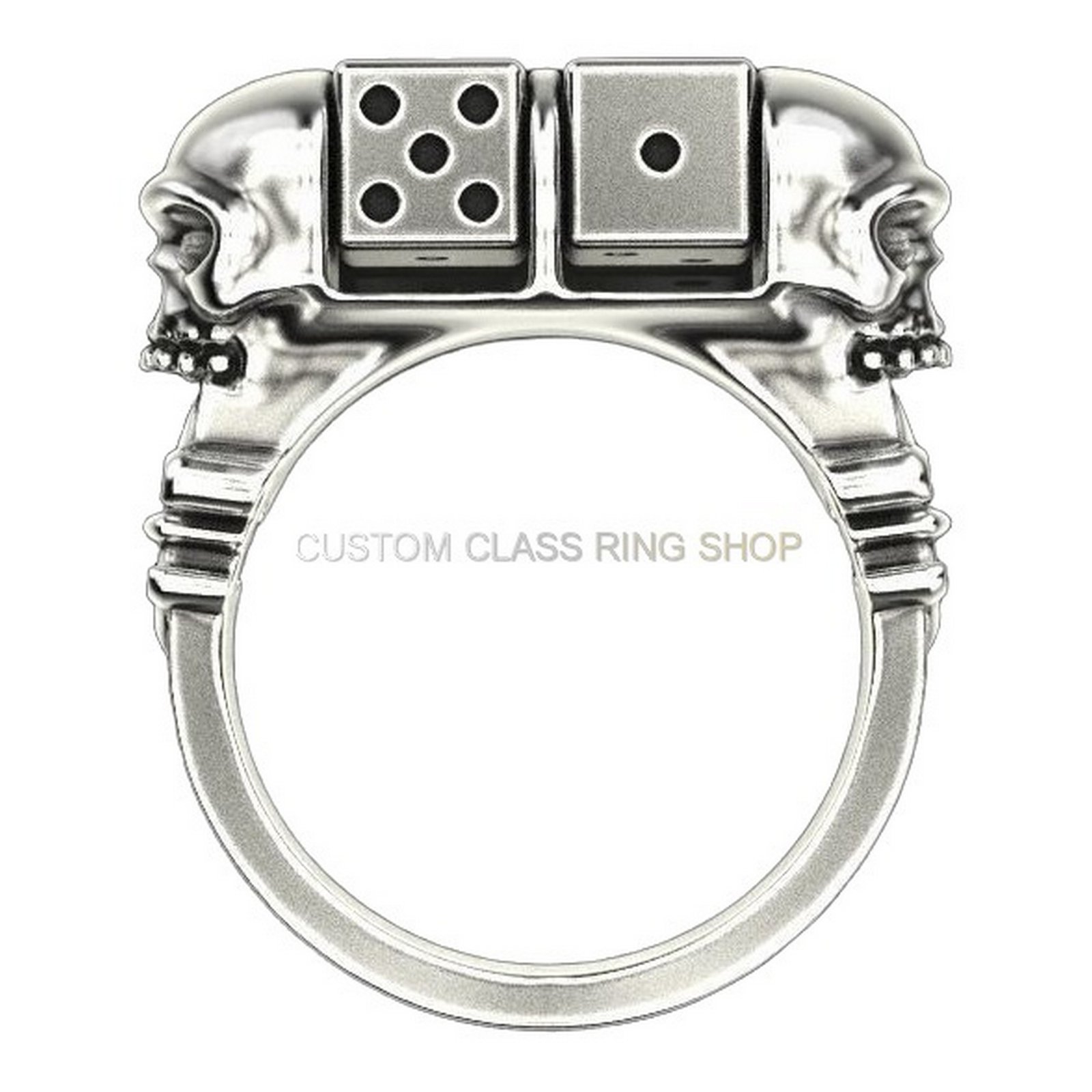 Mens sterling silver dice skull ring, top view straight