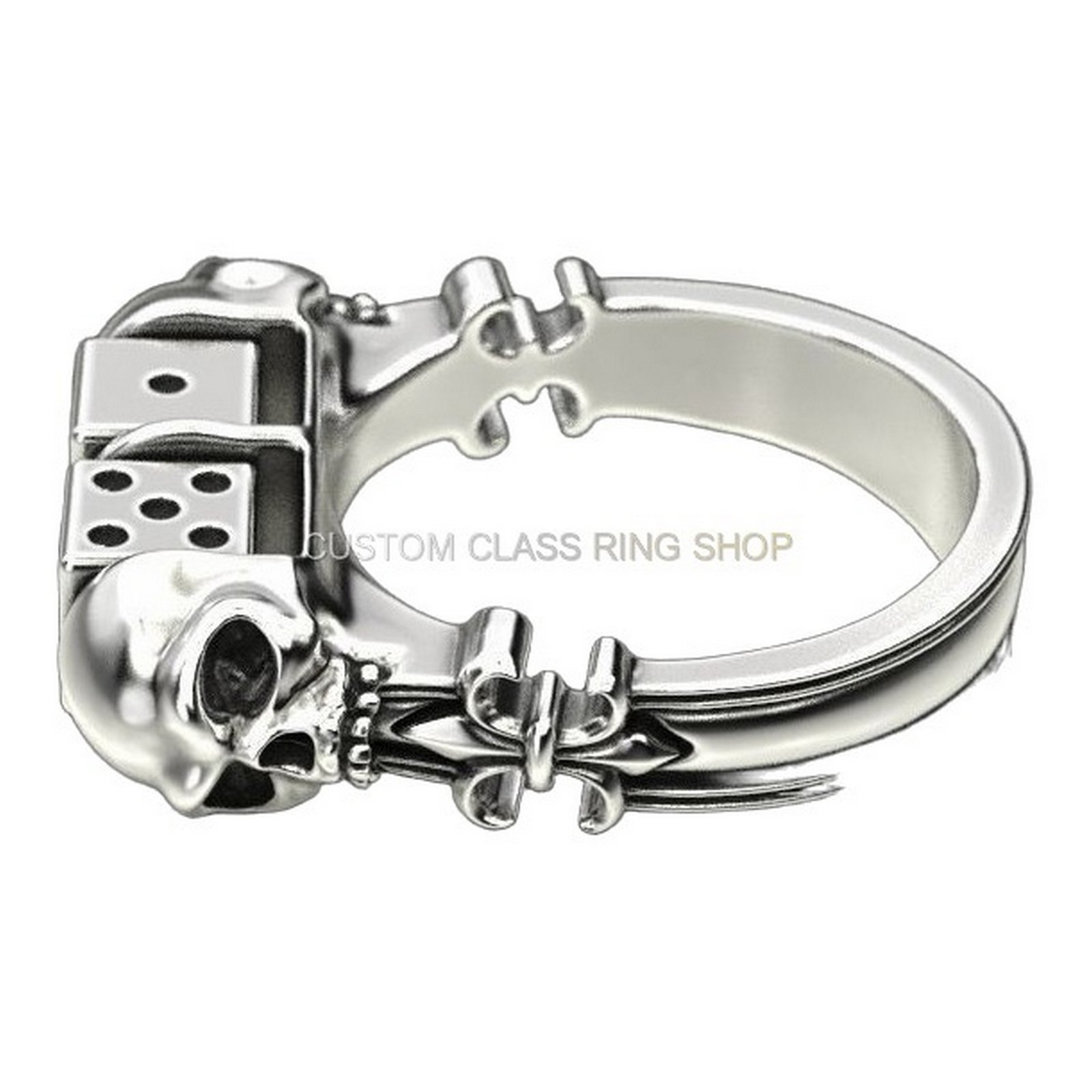 Mens sterling silver dice skull ring, right side profile angled