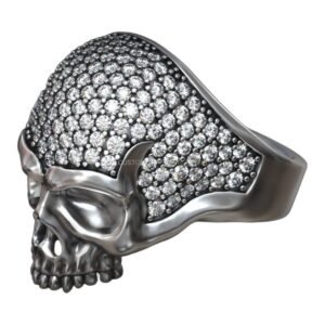 Sterling silver skull head statement ring with diamond pave crown
