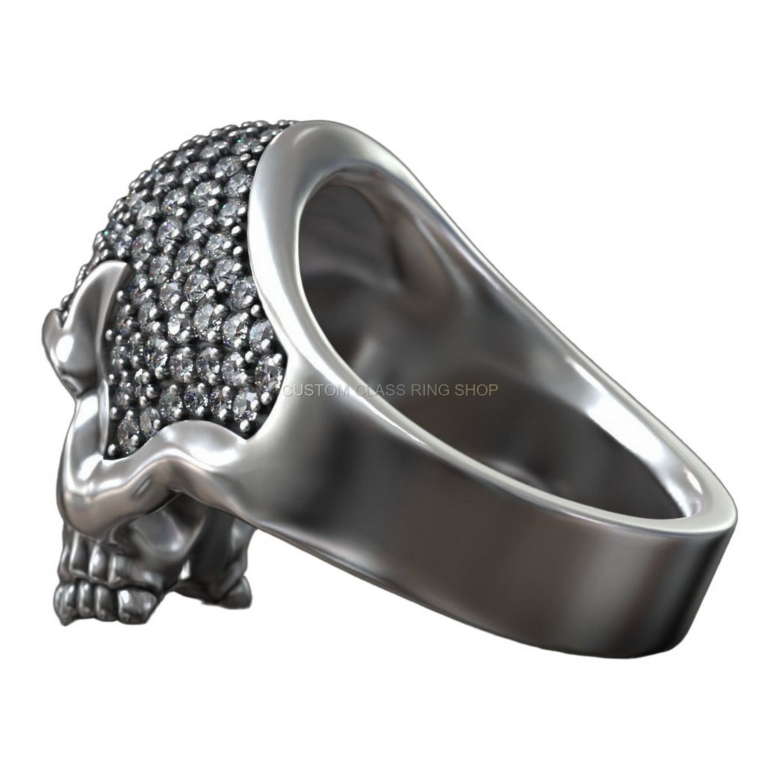 Sterling silver skull head statement ring, band interior view